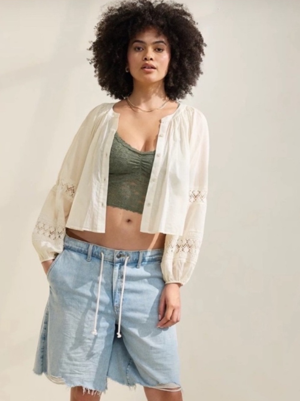 Aerie Ivory Cotton Crochet Boho Long Sleeve blouse - Picture 4 of 4